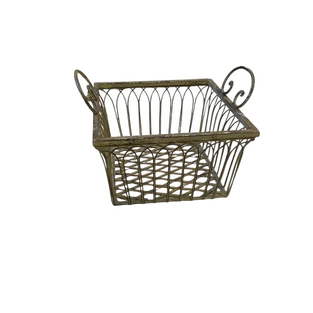 Vintage Wrought Iron Square‎ Ornate Handles Basket Sage Green, Set Of 2